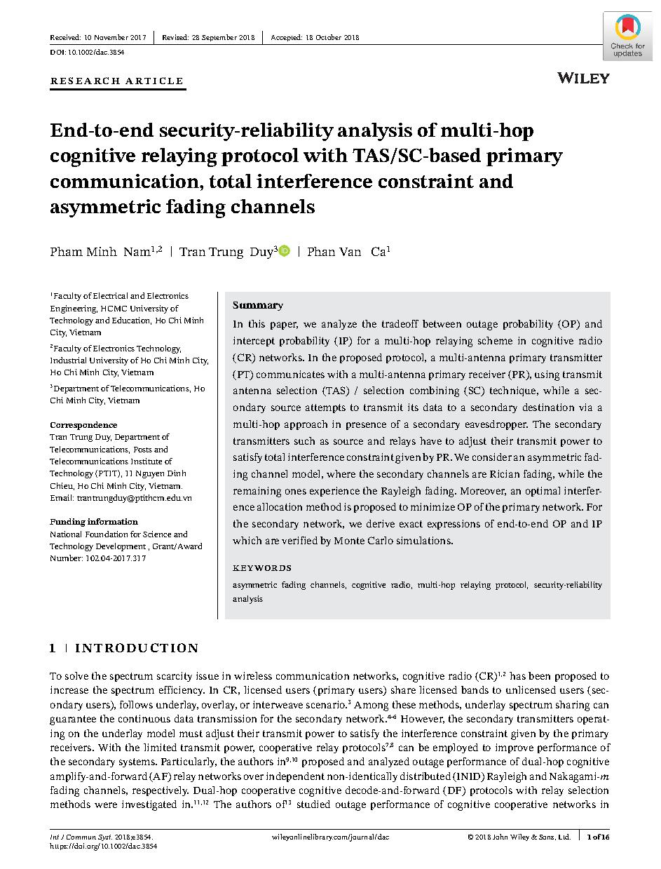 End-to-end security-reliability analysis of multi-hop cognitive relaying protocol with TAS/SC-based primary communication, total interference constraint and asymmetric fading channels