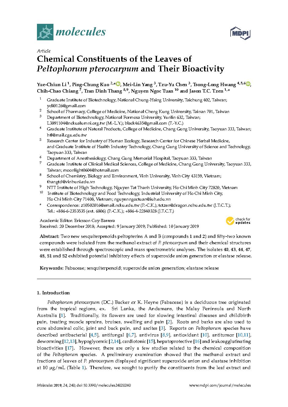 Chemical Constituents of the Leaves of Peltophorum pterocarpum and Their Bioactivity