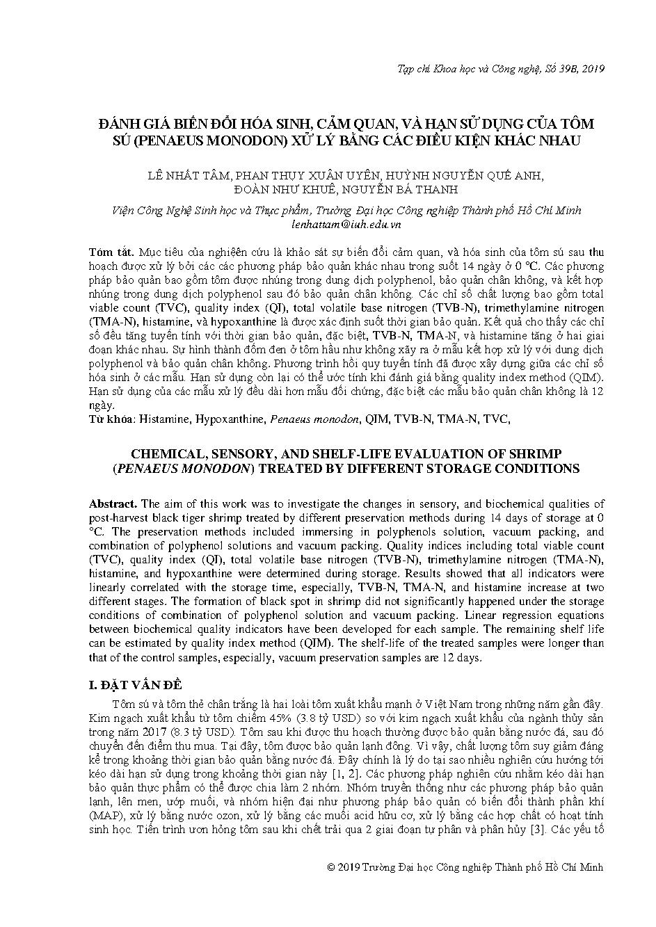 Đánh giá biến đổi hóa sinh, cảm quan, và hạn sử dụng của tôm sú (penaeus monodon) xử lý bằng các điều kiện khác nhau