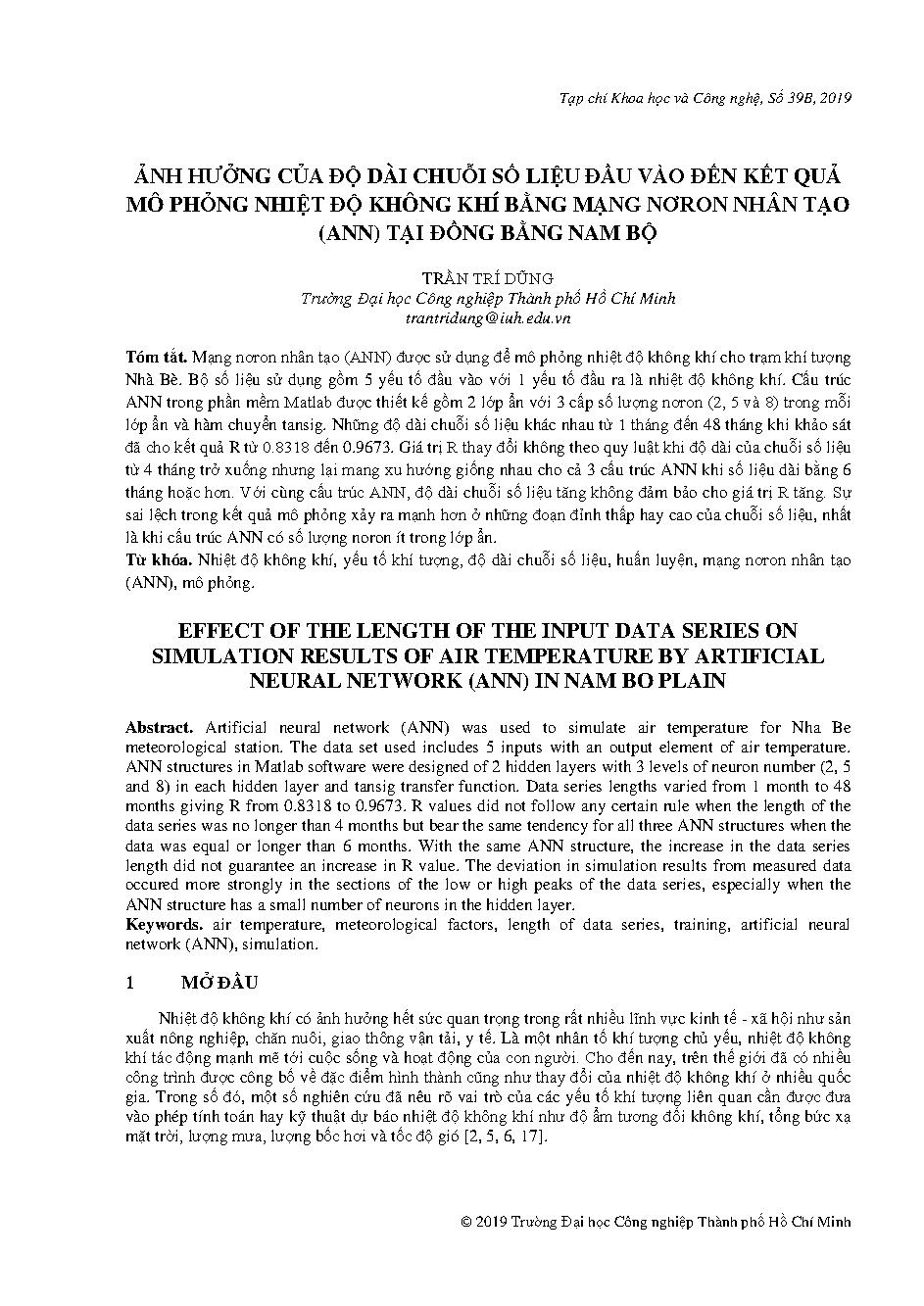 Ảnh hưởng của độ dài chuỗi số liệu đầu vào đến kết quả mô phỏng nhiệt độ không khí bằng mạng nơron nhân tạo (ANN) tại đồng bằng Nam Bộ