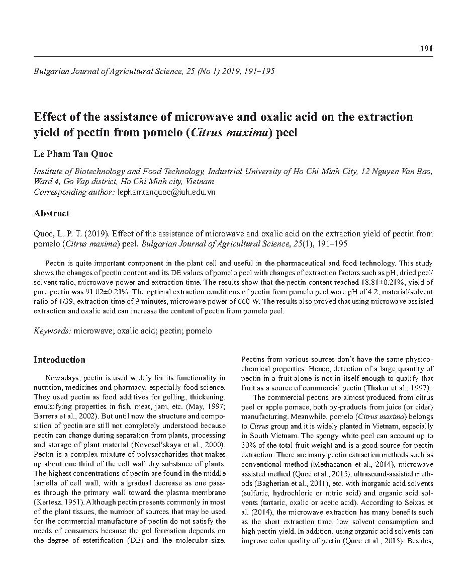 Effect of the assistance of microwave and oxalic acid on the extraction yield of pectin from pomelo (Citrus maxima) peel