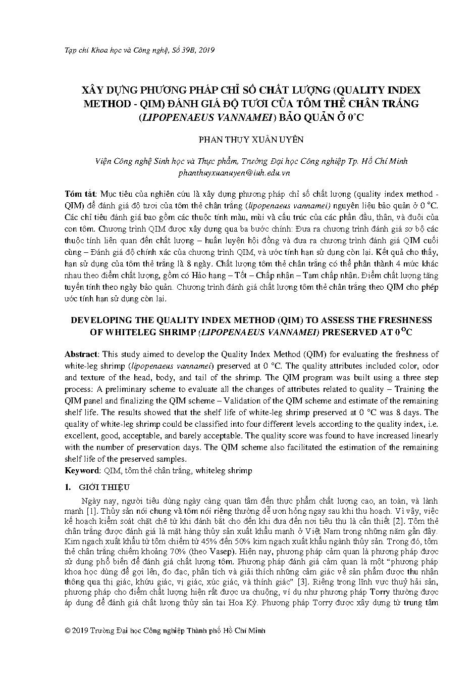 Xây dựng phương pháp chỉ số chất lượng (quality index method - qim) đánh giá độ tươi của tôm thẻ chân trắng (lipopenaeus vannamei) bảo quản ở 0˚C