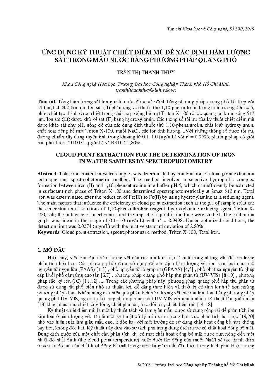 Ứng dụng kỹ thuật chiết điểm mù để xác định hàm lượng sắt trong mẫu nước bằng phương pháp quang phổ