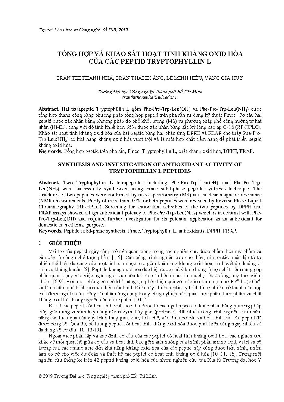 Tổng hợp và khảo sát hoạt tính kháng OXID hóa của các peptid tryptophyllin L