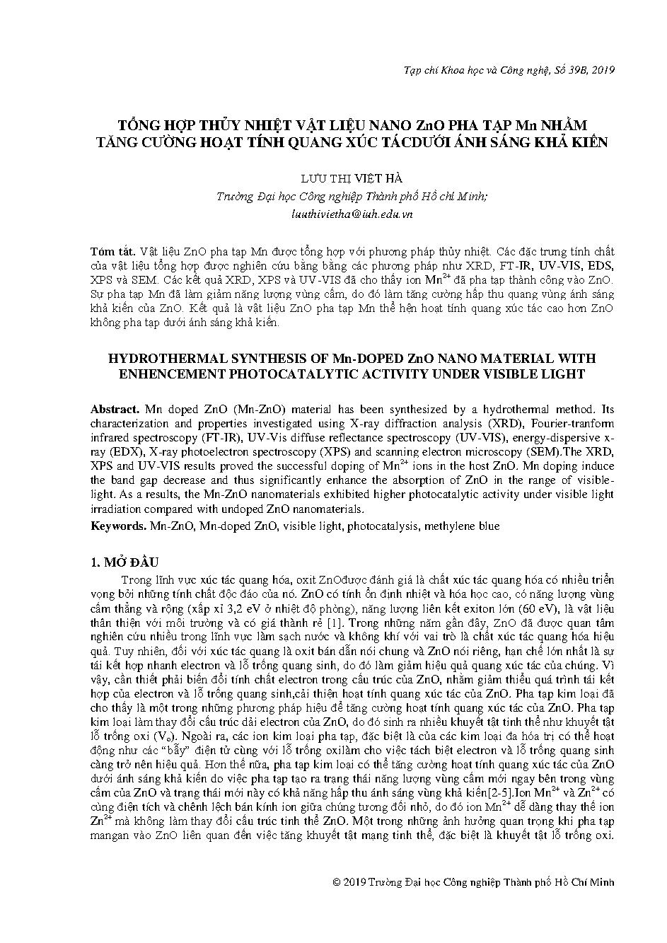 Tổng hợp thủy nhiệt vật liệu nano ZnO pha tạp Mn nhằm tăng cường hoạt tính quang xúc tác dưới ánh sáng khả kiến
