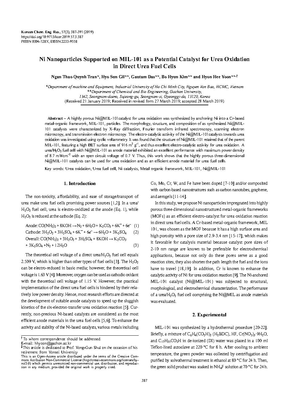 Ni Nanoparticles Supported on MIL-101 as a Potential Catalyst for Urea Oxidation in Direct Urea Fuel Cells