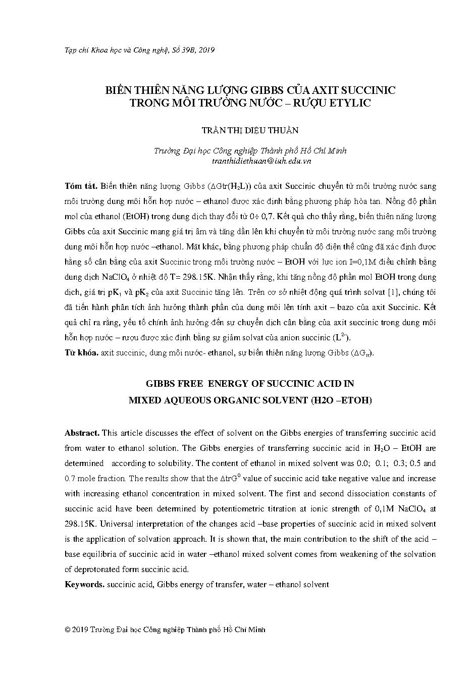 Biến thiên năng lượng GIBBS của axit succinic trong môi trường nước â€“ rượu etylic