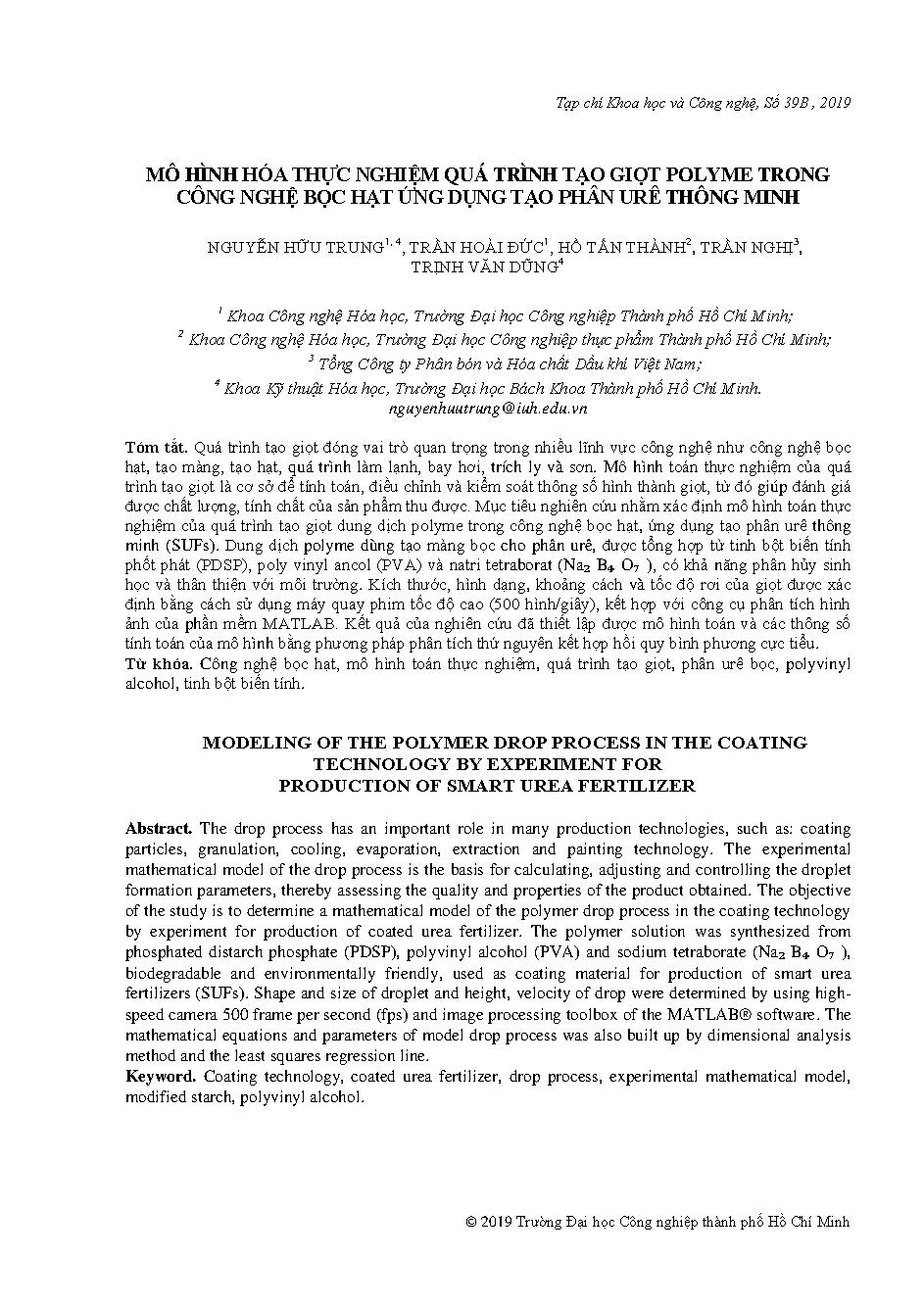 Mô hình hóa thực nghiệm quá trình tạo giọt polyme trong công nghệ bọc hạt ứng dụng tạo phân urê thông minh