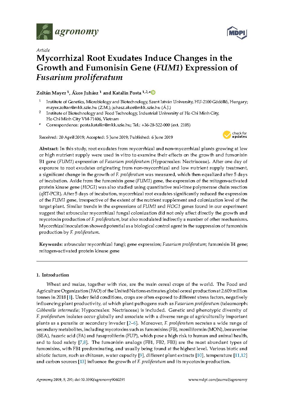 Mycorrhizal Root Exudates Induce Changes in the Growth and Fumonisin Gene (FUM1) Expression of Fusarium proliferatum