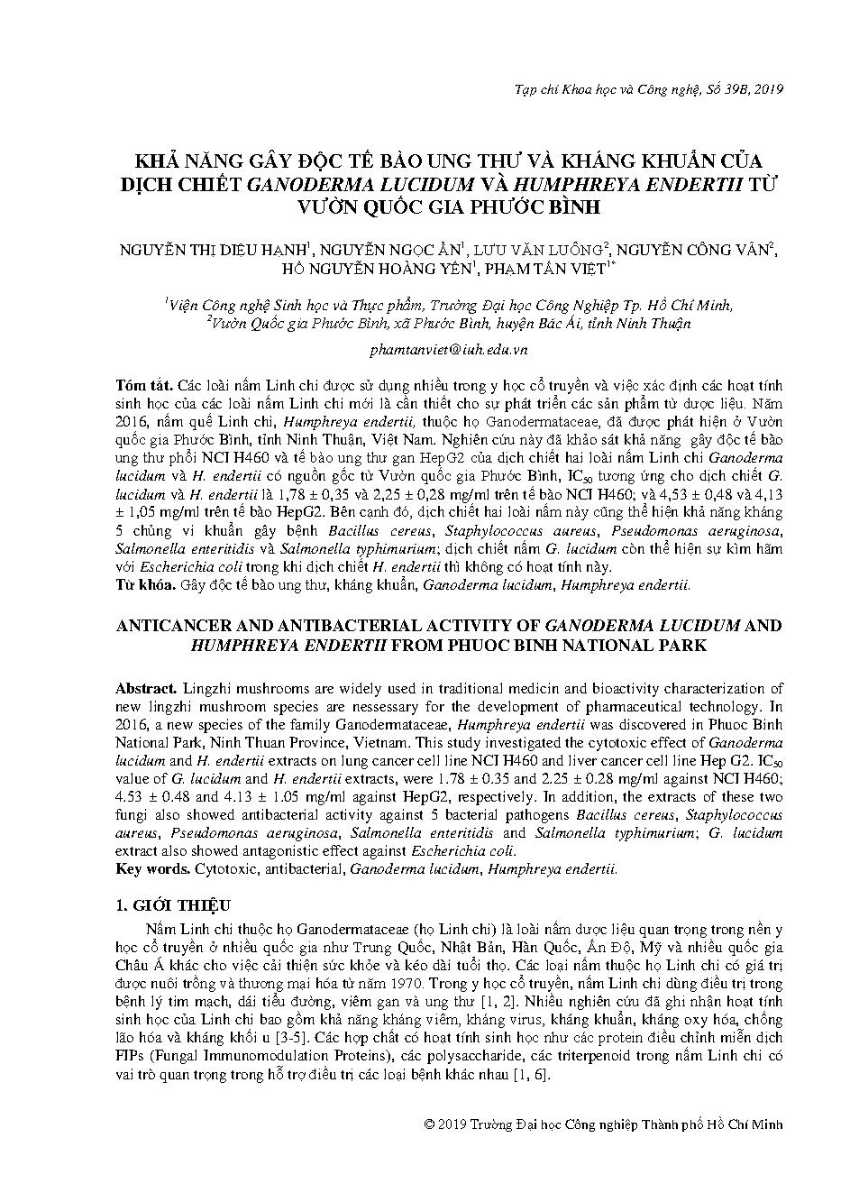 Khả năng gây độc tế bào ung thư và kháng khuẩn của dịch chiết Ganoderma lucidum và Humphreya endertii từ vườn Quốc gia Phước Bình