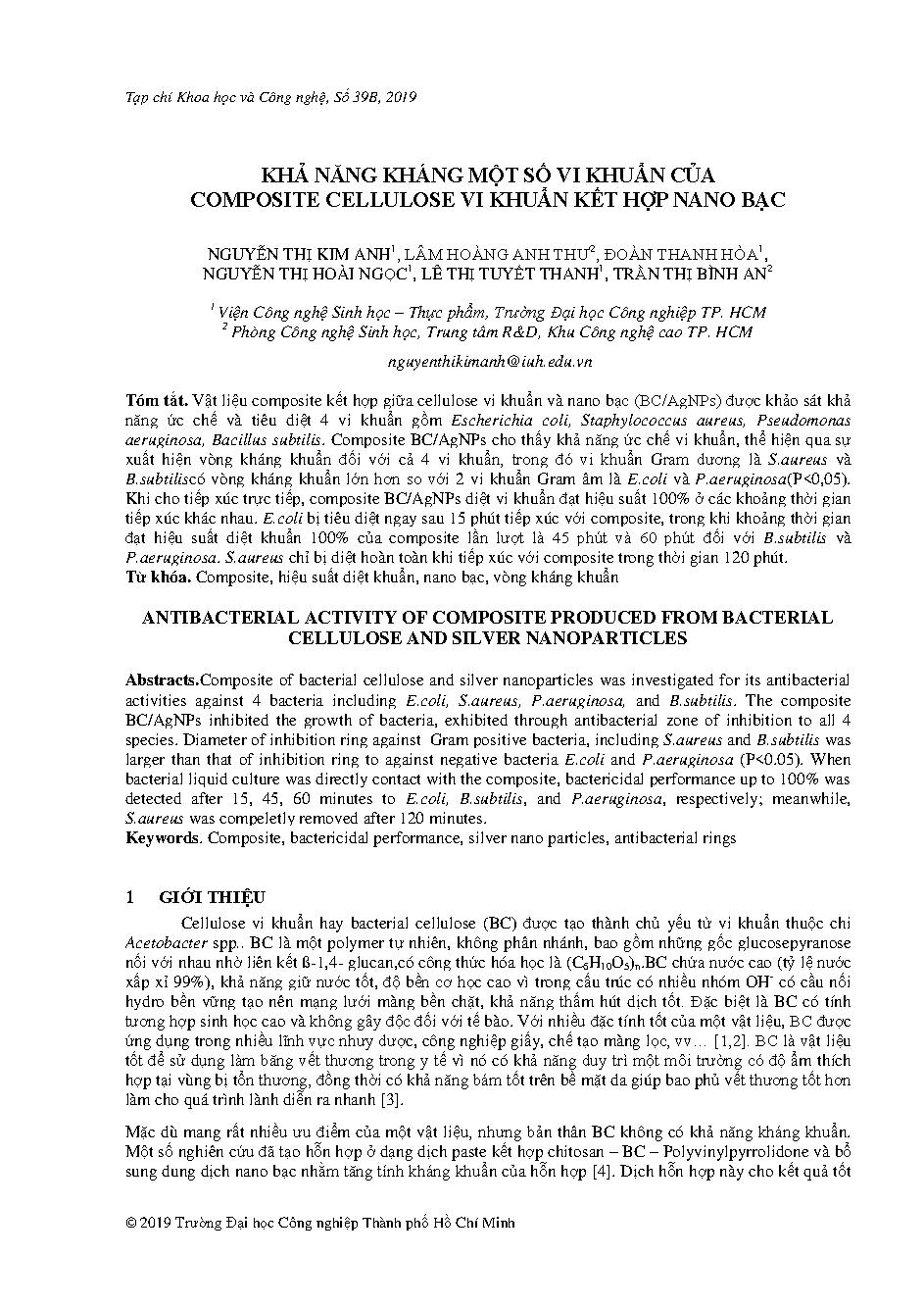 Khả năng kháng một số vi khuẩn của composite cellulose vi khuẩn kết hợp nano bạc Nguyễn Thị Kim Anh...[ và những người khác]