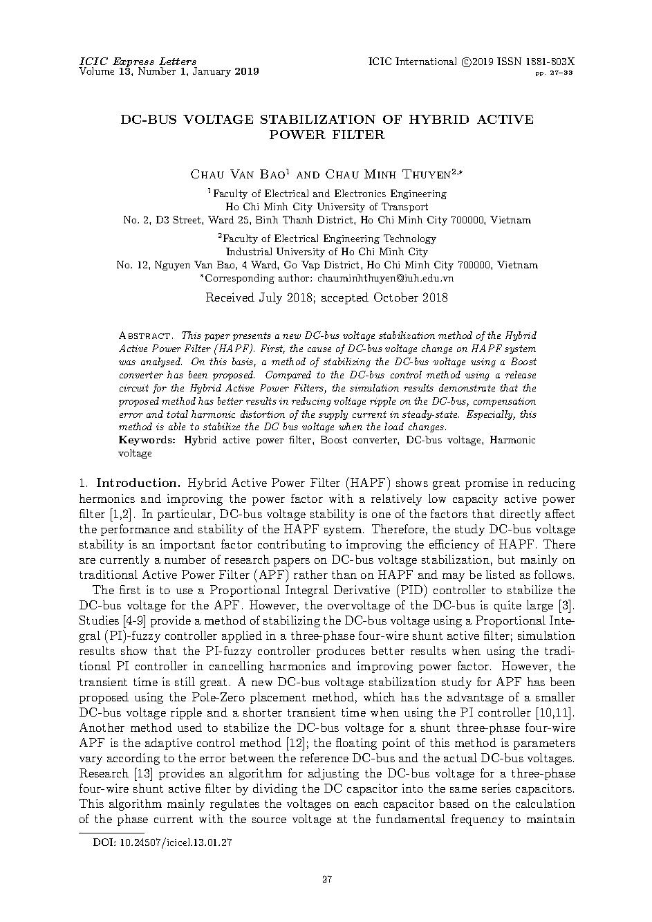 DC-bus voltage stabilization of hybrid active power filter