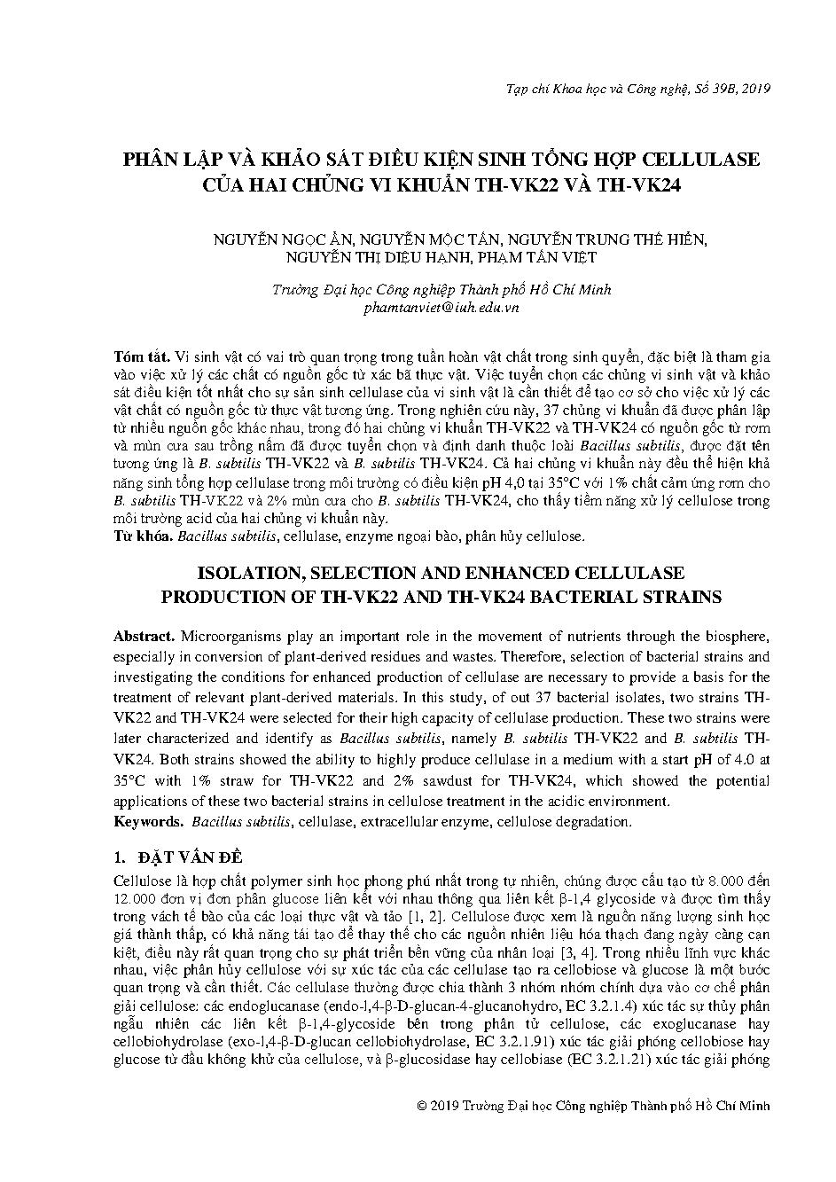 Phân lập và khảo sát điều kiện sinh tổng hợp cellulase của hai chủng vi khuẩn TH-VK22 và TH-VK24 Nguyễn Ngọc Ẩn...[ và những người khác]