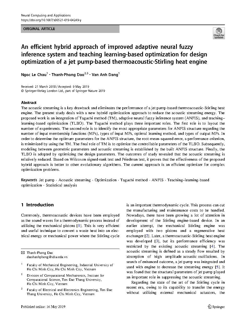 An efficient hybrid approach of improved adaptive neural fuzzy inference system and teaching learning-based optimization for design optimization of a jet pump-based thermoacoustic-Stirling heat engine