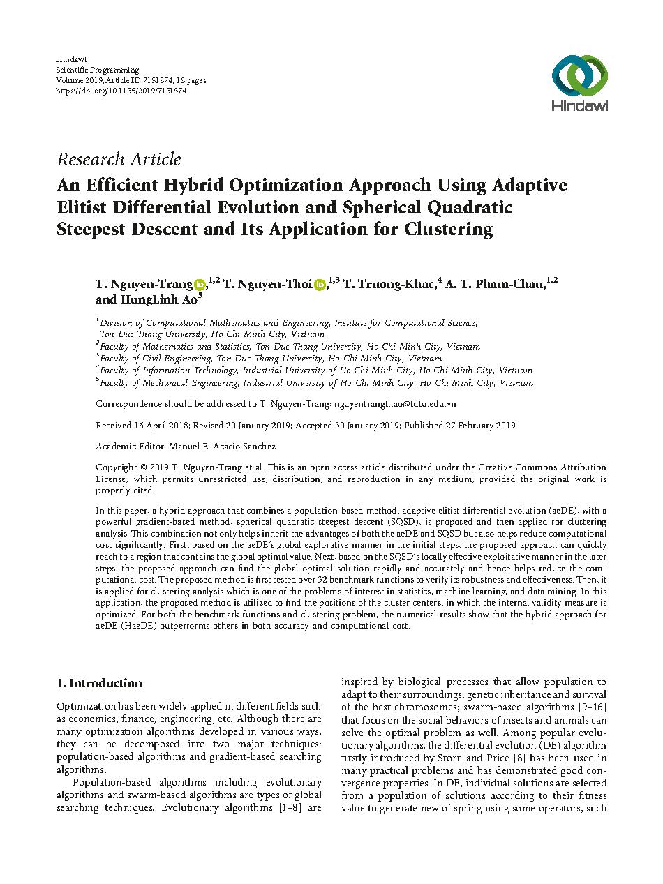 An Efficient Hybrid Optimization Approach Using Adaptive Elitist Differential Evolution and Spherical Quadratic Steepest Descent and Its Application for Clustering