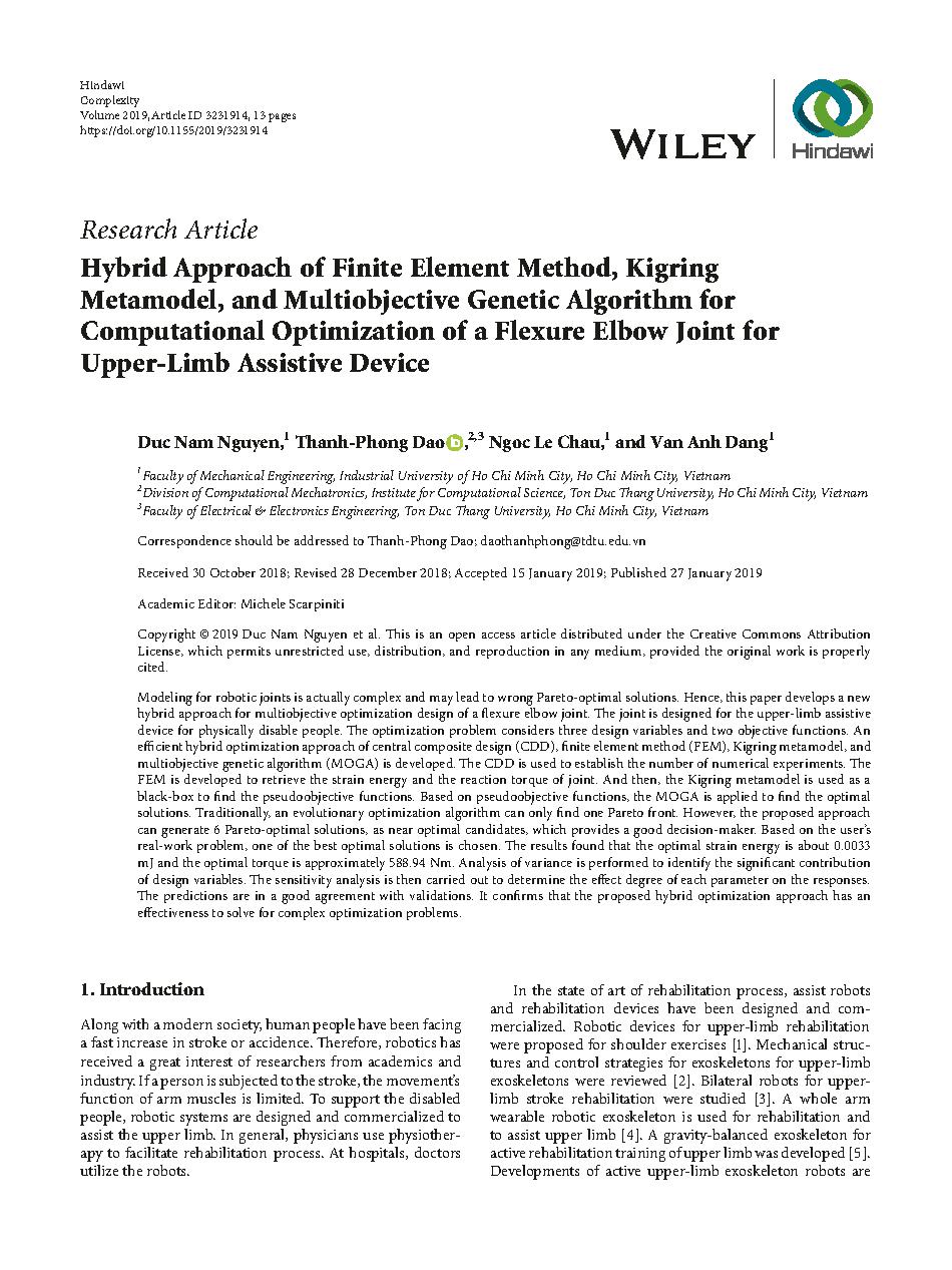 Hybrid Approach of Finite Element Method, Kigring Metamodel, and Multiobjective Genetic Algorithm for Computational Optimization of a Flexure Elbow Joint for Upper-Limb Assistive Device