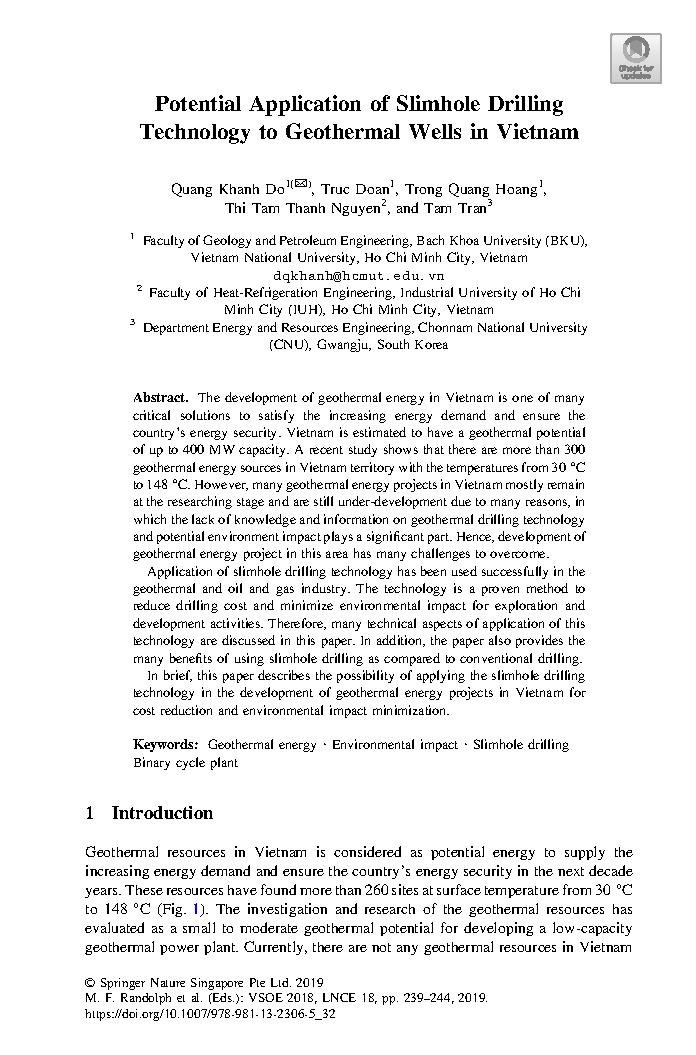 Potential Application of Slimhole Drilling Technology to Geothermal Wells in Vietnam