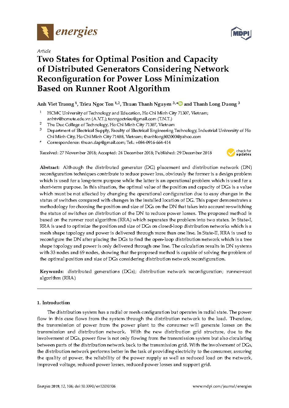 Two States for Optimal Position and Capacity of Distributed Generators Considering Network Reconfiguration for Power Loss Minimization Based on Runner Root Algorithm