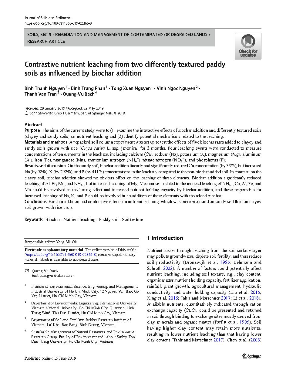 Contrastive nutrient leaching from two differently textured paddy soils as influenced by biochar addition