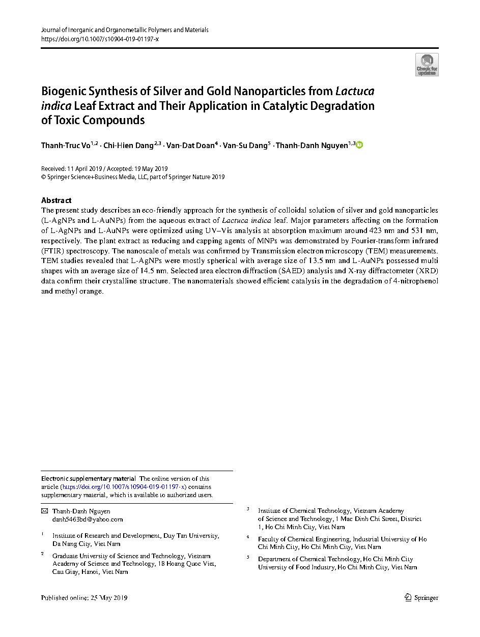 Biogenic Synthesis of Silver and Gold Nanoparticles from Lactuca indica Leaf Extract and Their Application in Catalytic Degradation of Toxic Compounds