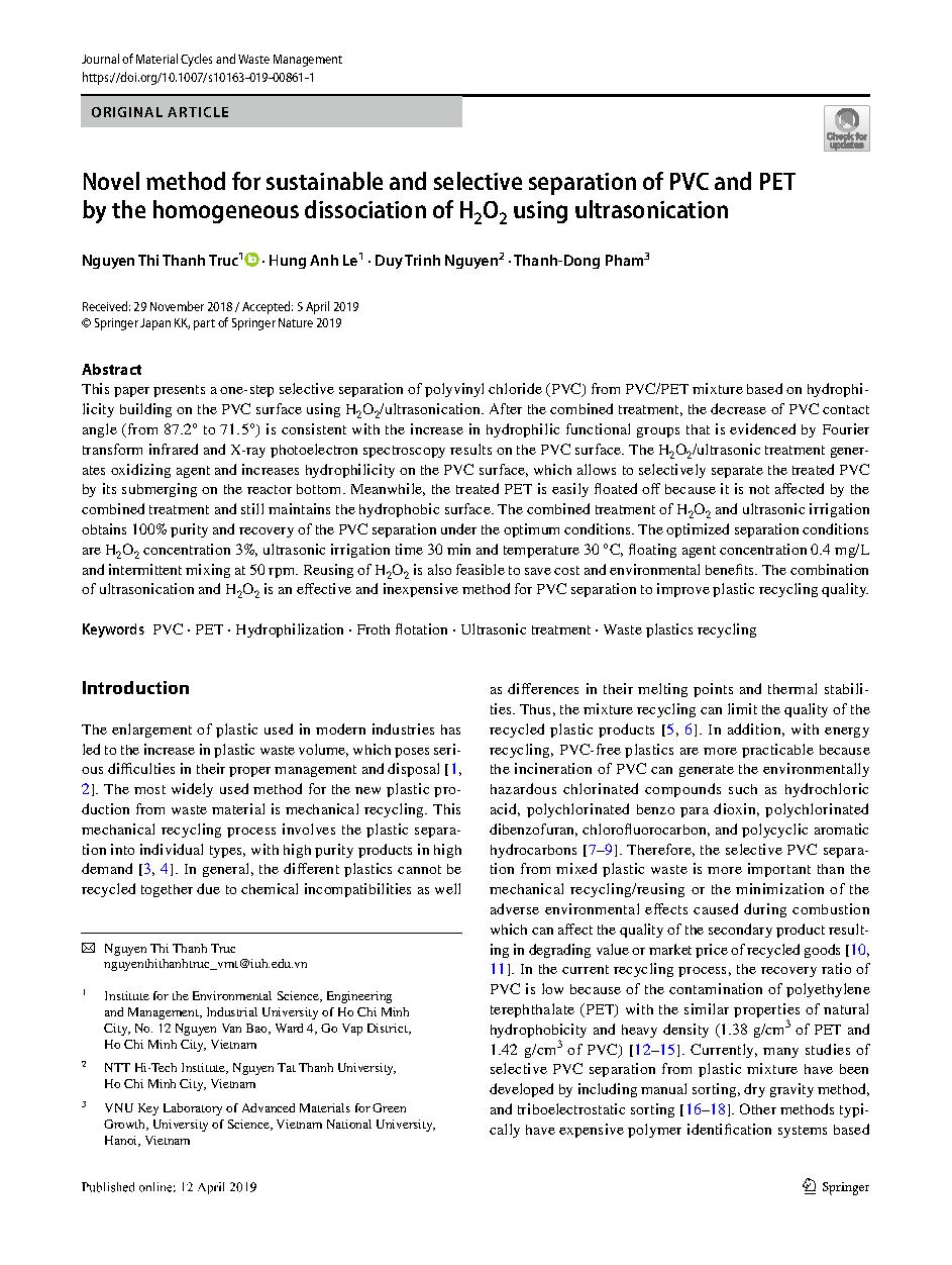 Novel method for sustainable and selective separation of PVC and PET by the homogeneous dissociation of H2O2 using ultrasonication