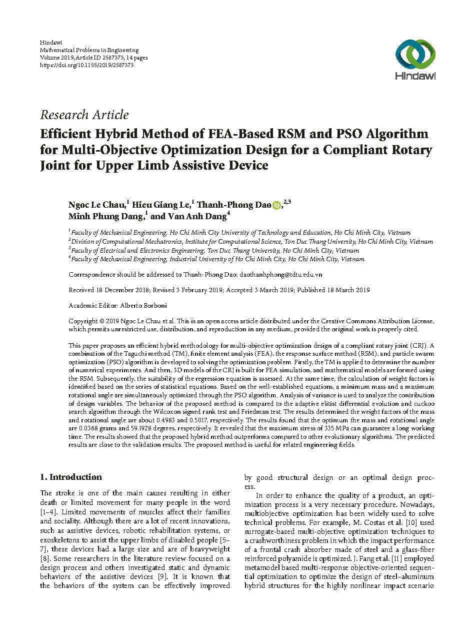 Efficient Hybrid Method of FEA-Based RSM and PSO Algorithm for Multi-Objective Optimization Design for a Compliant Rotary Joint for Upper Limb Assistive Device