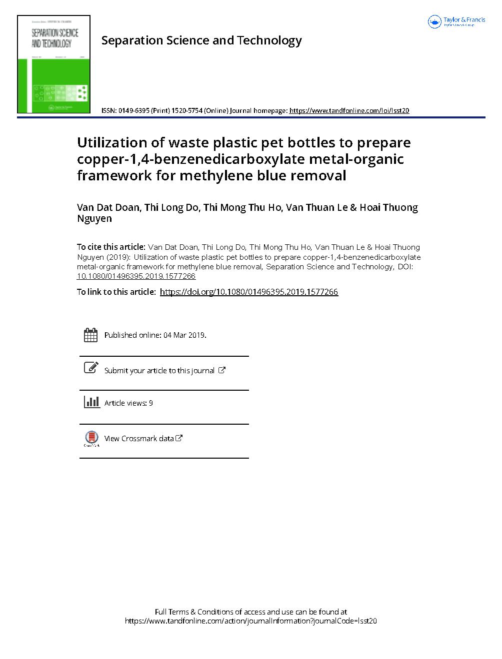 Utilization of waste plastic pet bottles to prepare copper-1,4-benzenedicarboxylate metal-organic framework for methylene blue removal