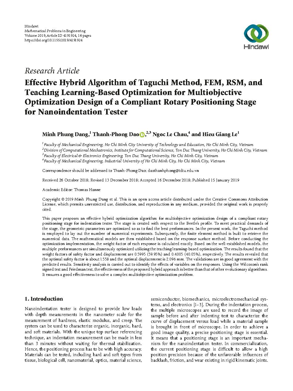 Effective Hybrid Algorithm of Taguchi Method, FEM, RSM, and Teaching Learning-Based Optimization for Multiobjective Optimization Design of a Compliant Rotary Positioning Stage for Nanoindentation Tester