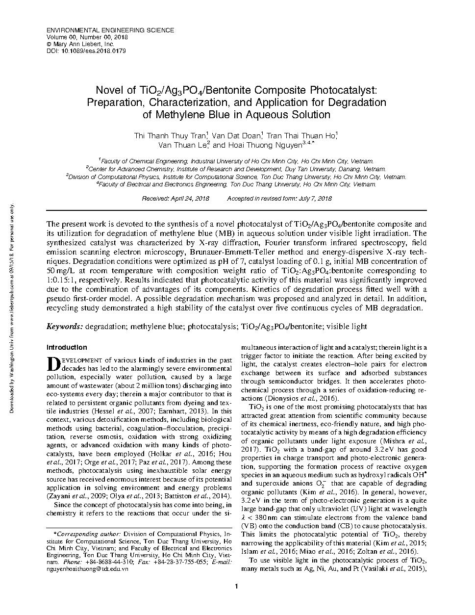 Novel of TiO2/Ag3PO4/Bentonite Composite Photocatalyst: Preparation, Characterization, and Application for Degradation of Methylene Blue in Aqueous Solution