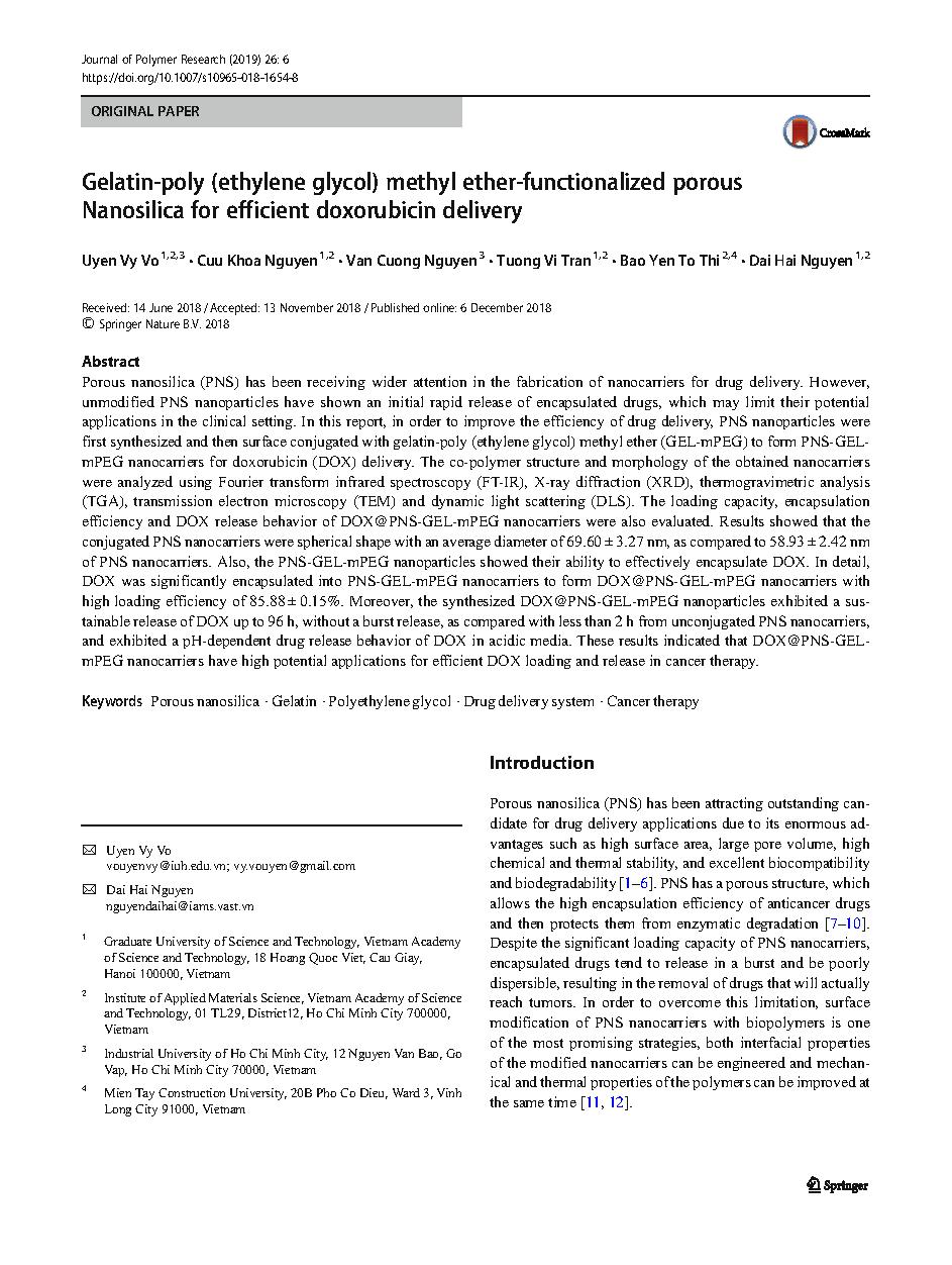 Gelatin-poly (ethylene glycol) methyl ether-functionalized porous Nanosilica for efficient doxorubicin delivery