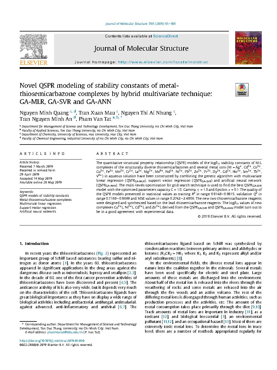 Novel QSPR modeling of stability constants of metalthiosemicarbazone complexes by hybrid multivariate technique: GA-MLR, GA-SVR and GA-ANN