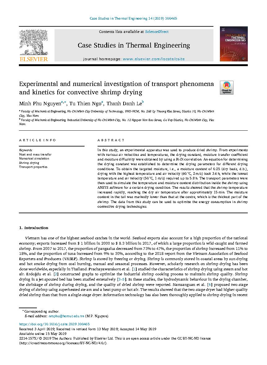 Experimental and numerical investigation of transport phenomena and kinetics for convective shrimp drying