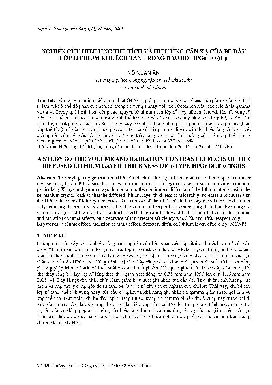 Nghiên cứu hiệu ứng thể tích và hiệu ứng cản xạ của bề dày lớp lithium khuếch tán trong đầu dò hpge loại p