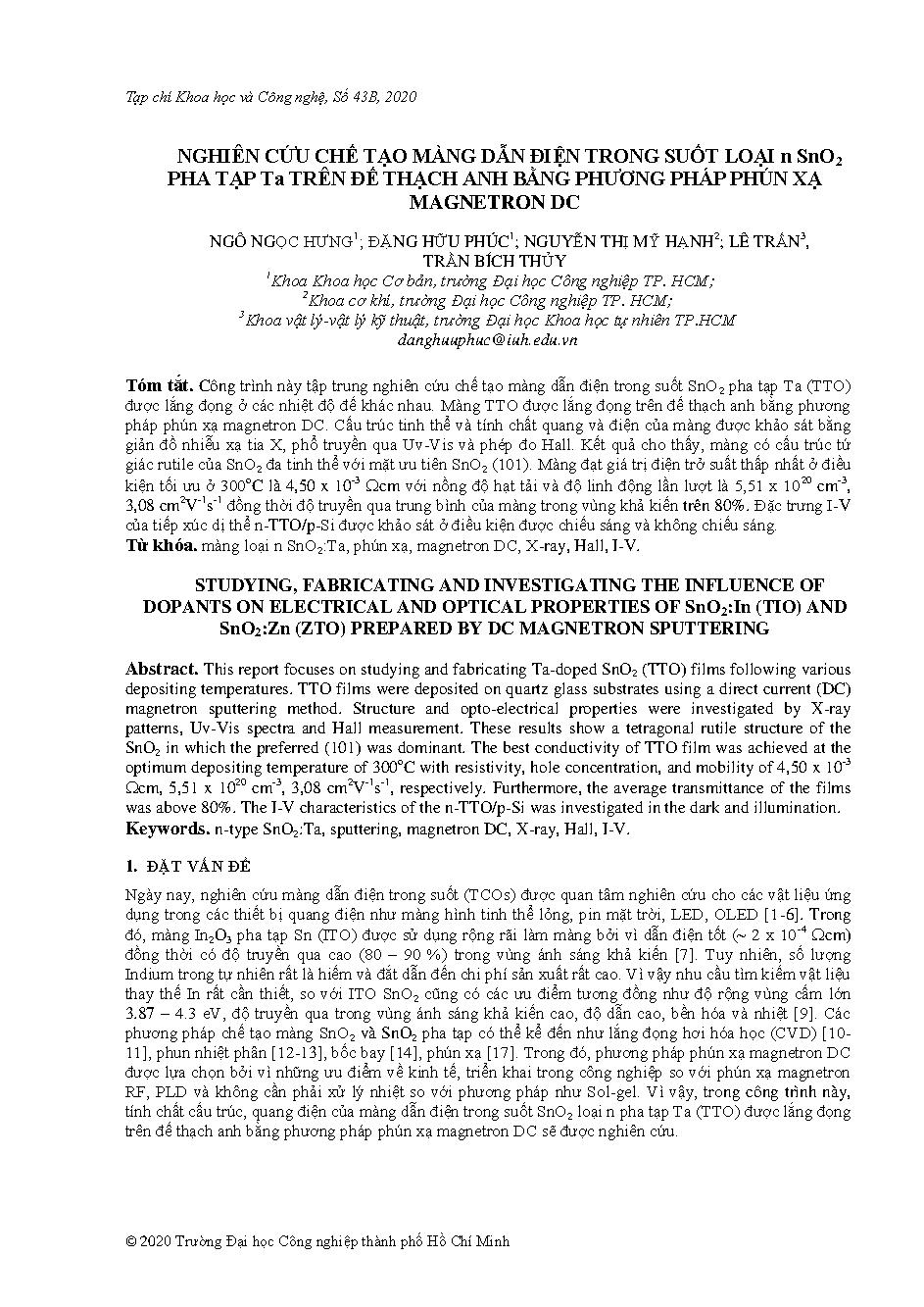 Nghiên cứu chế tạo màng dẫn điện trong suốt loại n SnO2 pha tạp ta trên đế thạch anh bằng phương pháp phún xạ magnetron DC