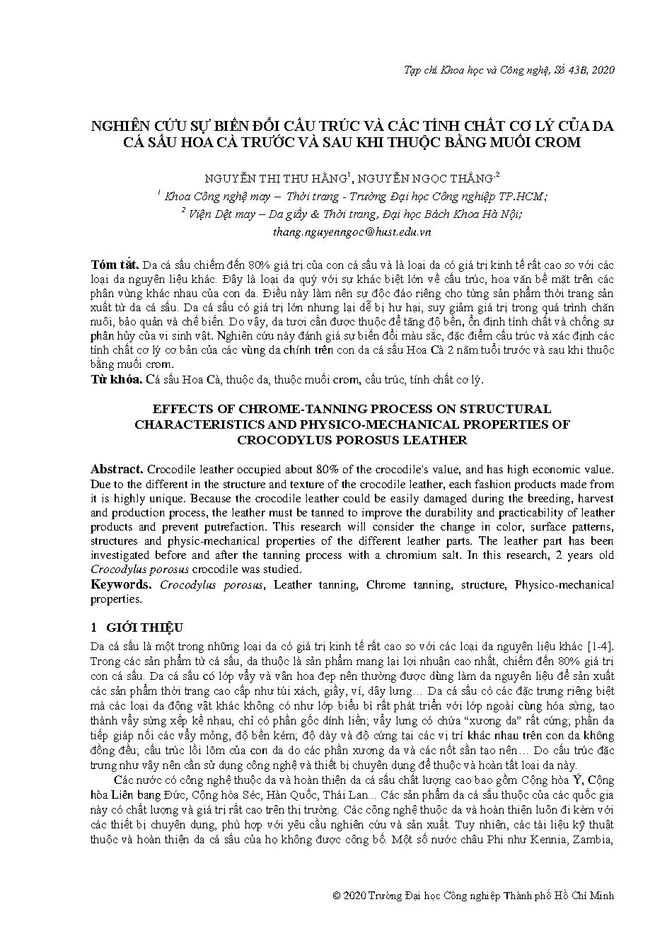 Nghiên cứu sự biến đổi cấu trúc và các tính chất cơ lý của da cá sấu hoa cà trước và sau khi thuộc bằng muối Crom