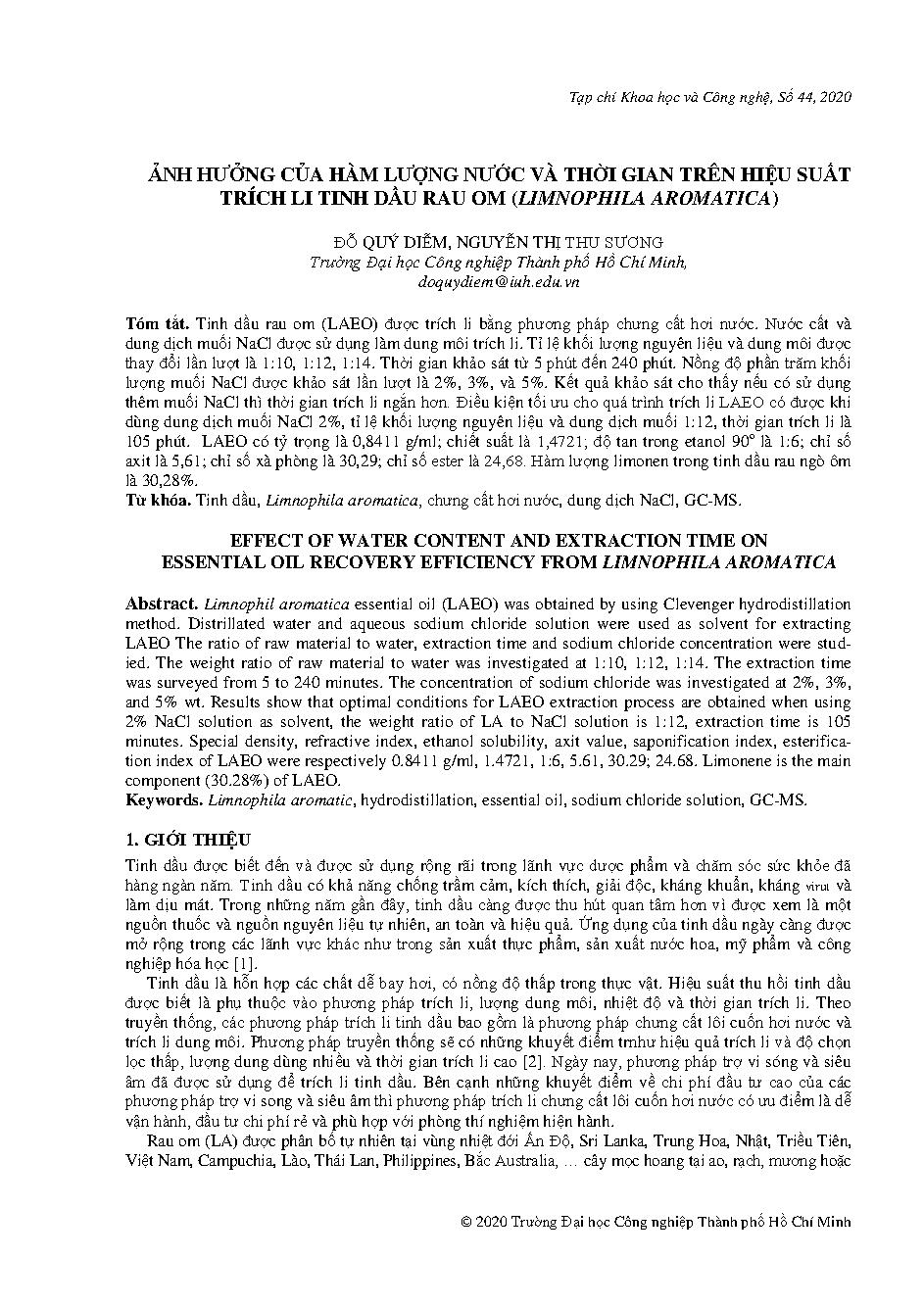 Ảnh hưởng của hàm lượng nước và thời gian trên hiệu suất trích li tinh dầu rau om (Limnophila Aromatica)