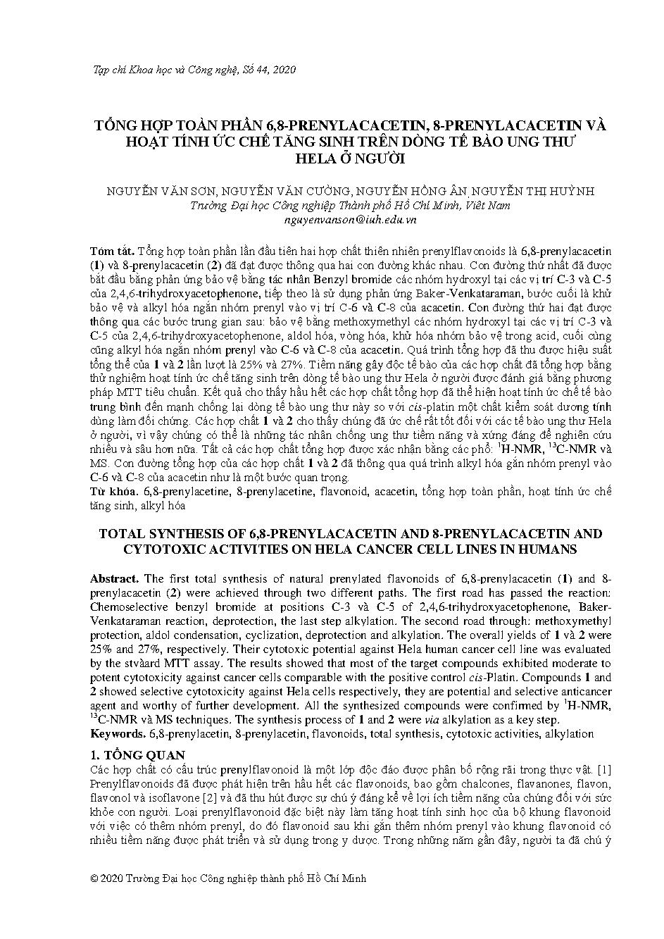 Tổng hợp toàn phần 6,8-prenylacacetin, 8-prenylacaceti hoạt tính ức chế tăng sinh trên dòng tế bào ung thư hela ở người