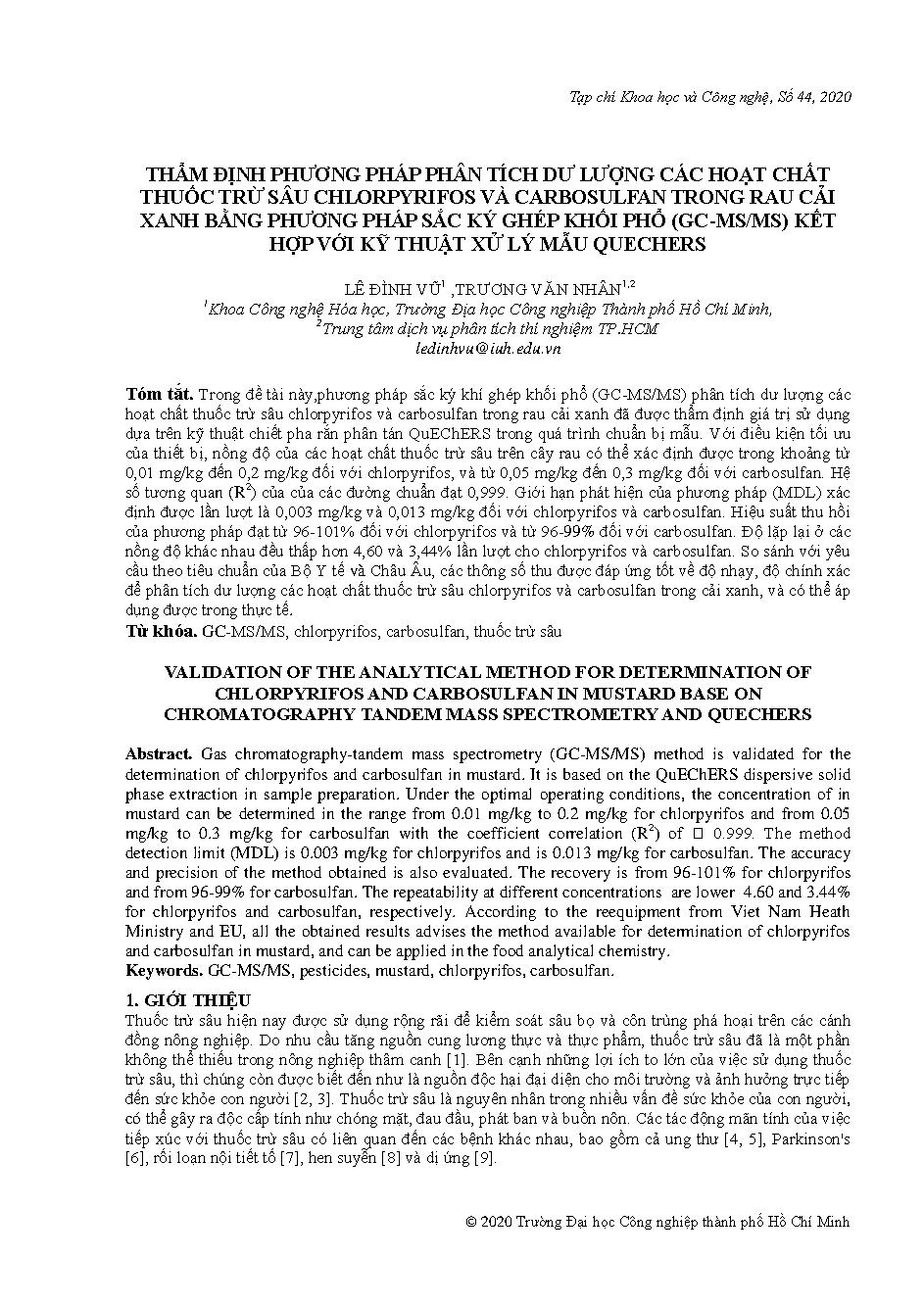 Thẩm định phương pháp phân tích dư lượng các hoạt chất thuốc trừ sâu chlorpyrifos và carbosulfan trong rau cải xanh bằng phương pháp sắc ký ghép khói phổ (gc-ms/ms) kết hợp với kỹ thuật xử lý mẫu quechers