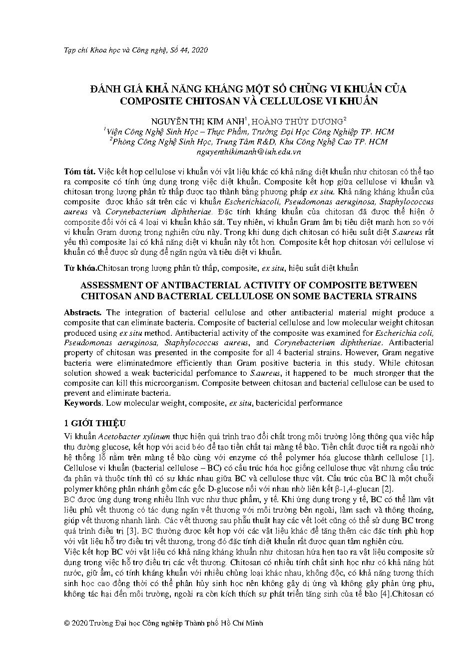 Đánh giá khả năng kháng một số chủng vi khuẩn của composite chitosan và cellulose vi khuẩn