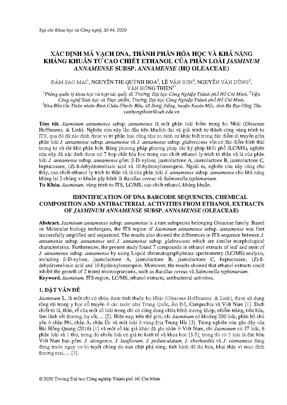 Xác định mã vạch DNA, thành phần hóa học và khả năng kháng khuẩn từ cao chiết ethanol của phần loài Jasmini annamense subsp. Annamense (họ Oleaceae)