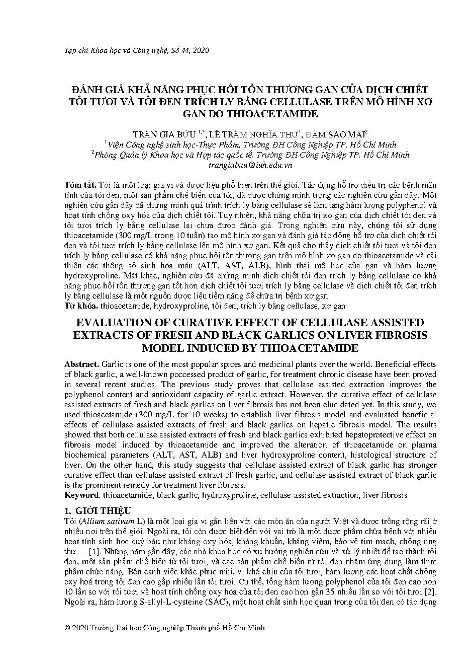 Đánh giá khả năng phục hồi tổn thương gan của dịch chiết tỏi tươi và tỏi đen trích ly bằng cellulase trên mô hình xơ gan do thioacetamide