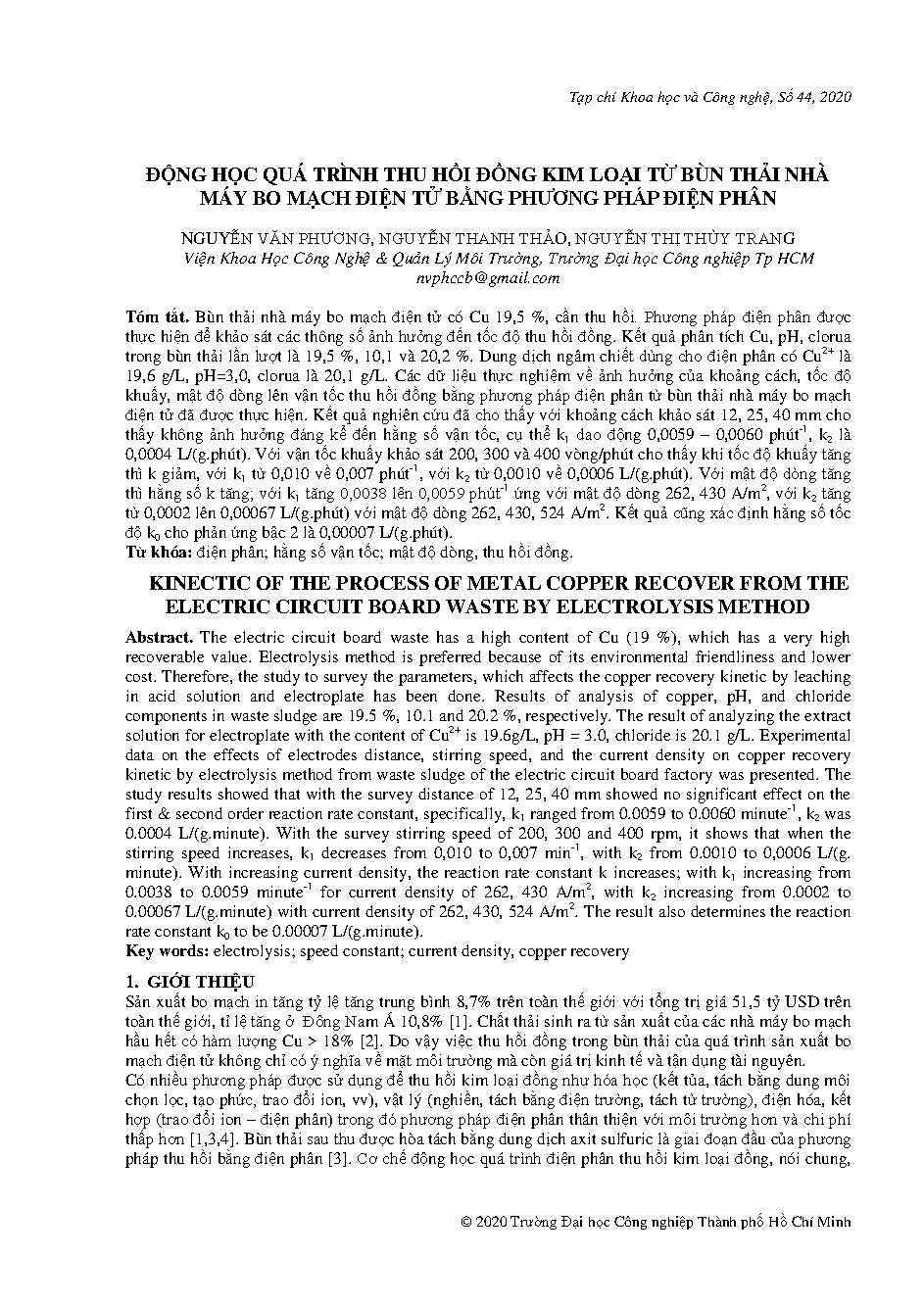Động học quá trình thu hồi đồng kim loại từ bùn thải nhà máy bo mạch điện tử bằng phương pháp điện phân