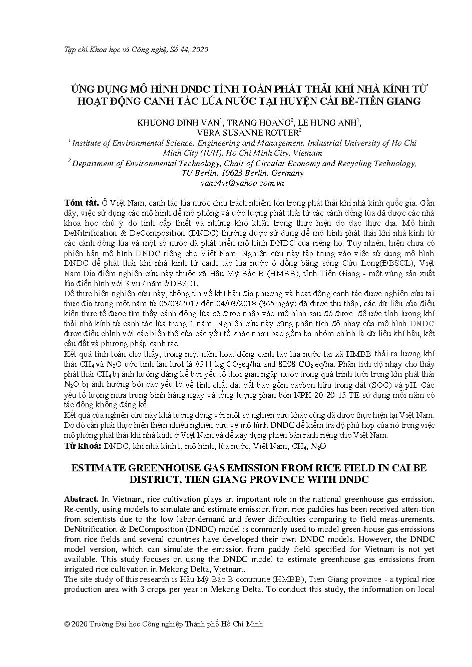 Ứng dụng mô hình DNDC tính toán phát thải khí nhà kính hoạt động canh tác lúa nước tại huyện Cái Bè-Tiền Giang