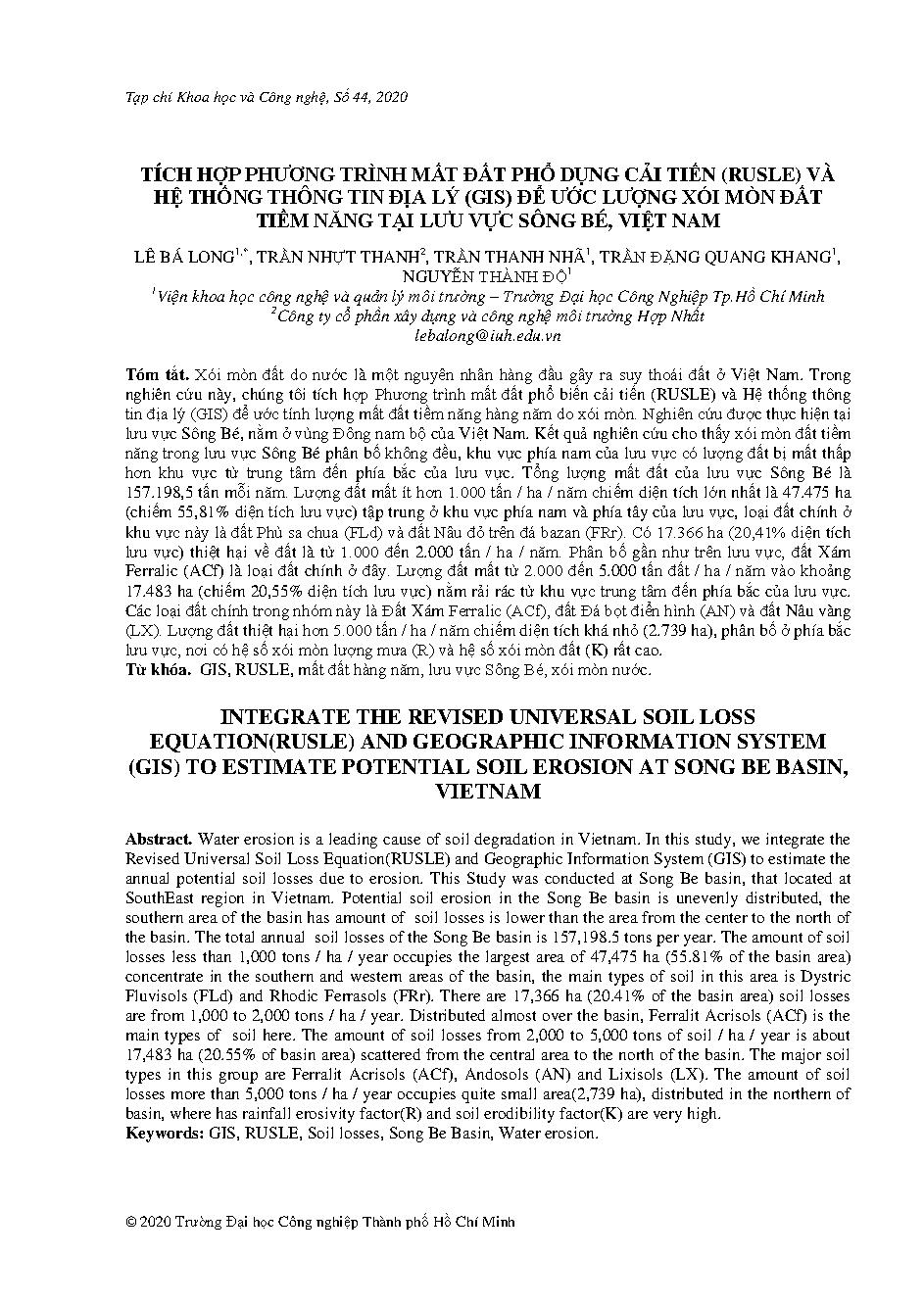 Tích hợp phương trình mất đất phổ dụng cải tiến (rusle) hệ thống thông tin địa lý (GIS) để ước lượng xói mòn đất tiềm năng tại lưu vực Sông Bé, Việt Nam