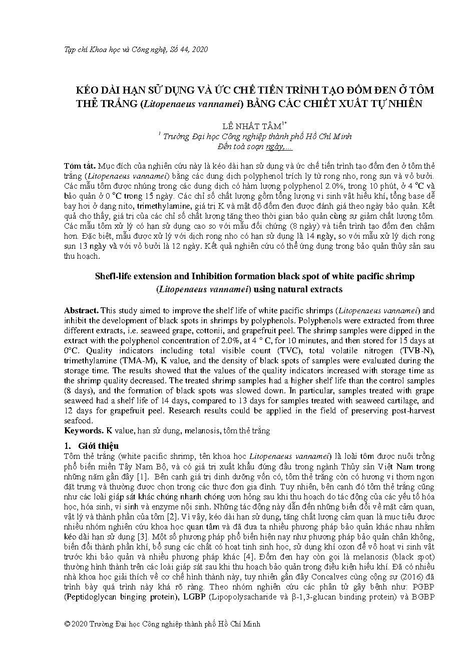 Kéo dài hạn sử dụng và ức chế tiến trình tạo đốm đen ở tôm thẻ trắng (Litopenaeus vannamei) bảng các chiết xuất tự nhiên