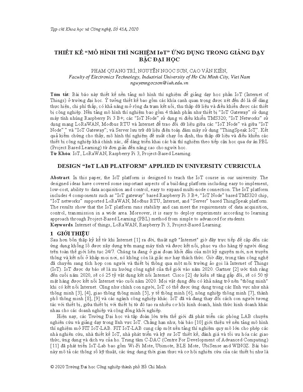 Thiết kế " Mô hình thí nghiệm IoT" ứng dụng trong giảng dạy bậc đại học