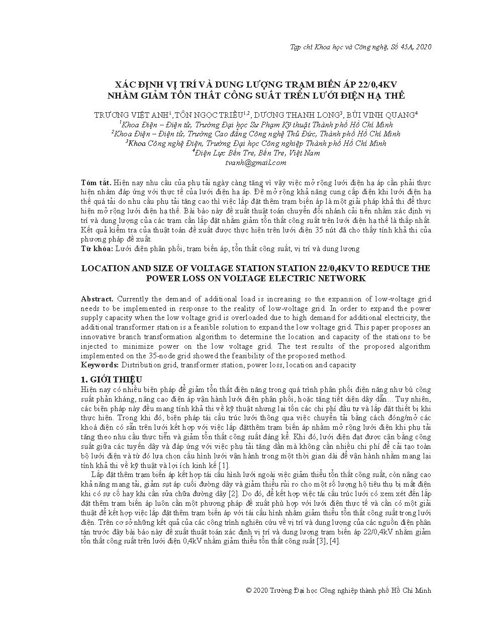 Xác định vị trí và dung lượng trạm biến áp 22/0,4kv nhằm giảm tổn thất công suất trên lưới điện hạ thế