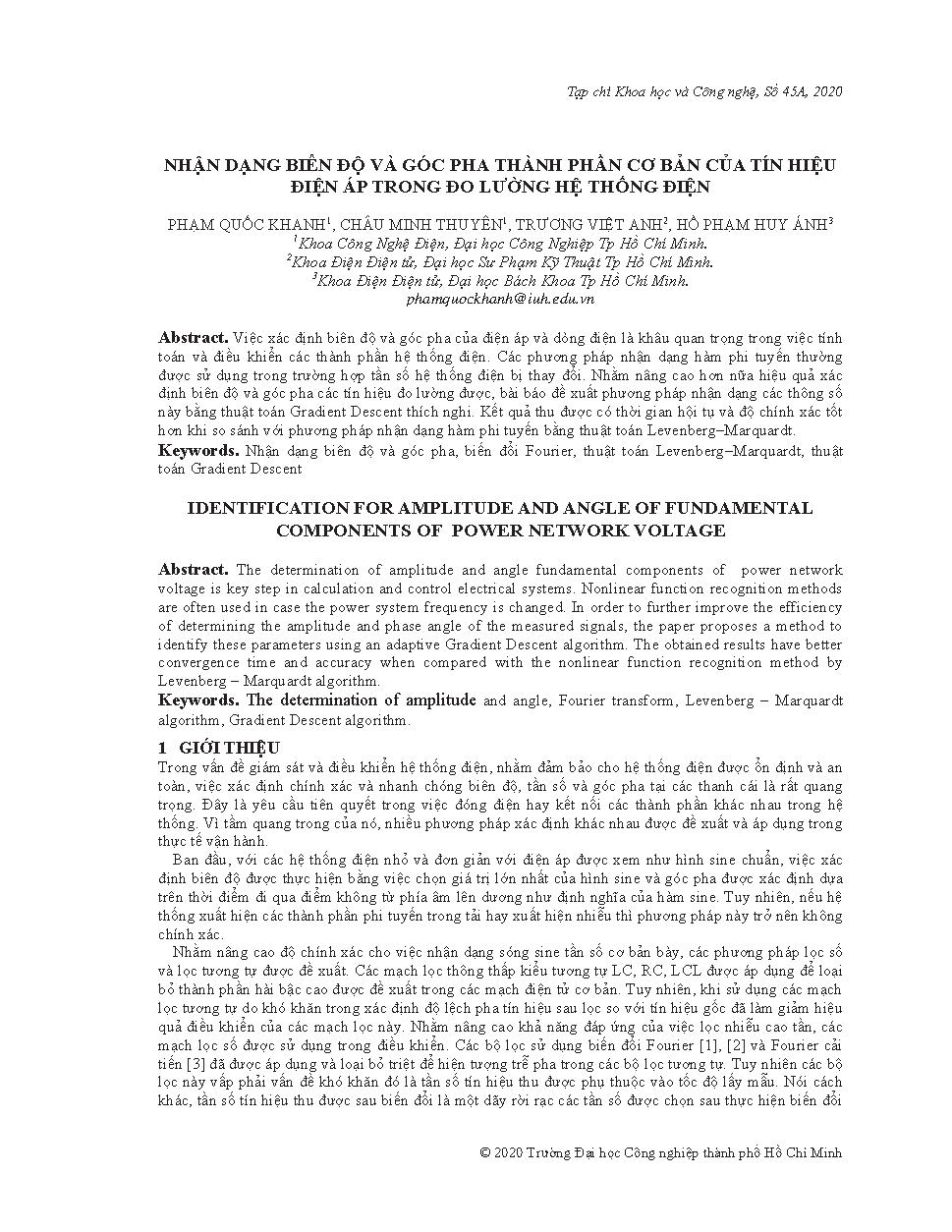 Nhận dạng biên độ và góc pha thành phần cơ bản của tín hiệu điện áp trong đo lường hệ thống điện