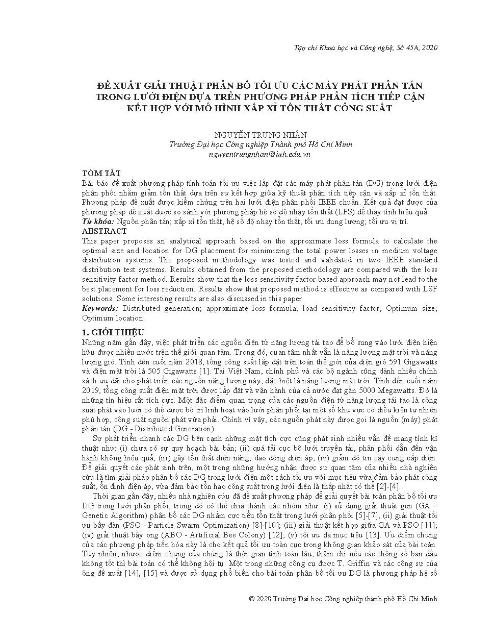 Đề xuất giải thuật phân bố tối ưu các máy phát phân tán trong lưới điện dựa trên phương pháp phân tích tiếp cận kết hợp với mô hình xấp xỉ tổn thất công suất