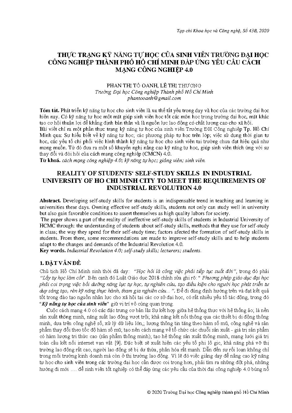 Thực trạng kỹ năng tự học của sinh viên trường đại học Công nghiệp thành phố Hồ Chí Minh đáp ứng yêu cầu cách mạng công nghiệp 4.0